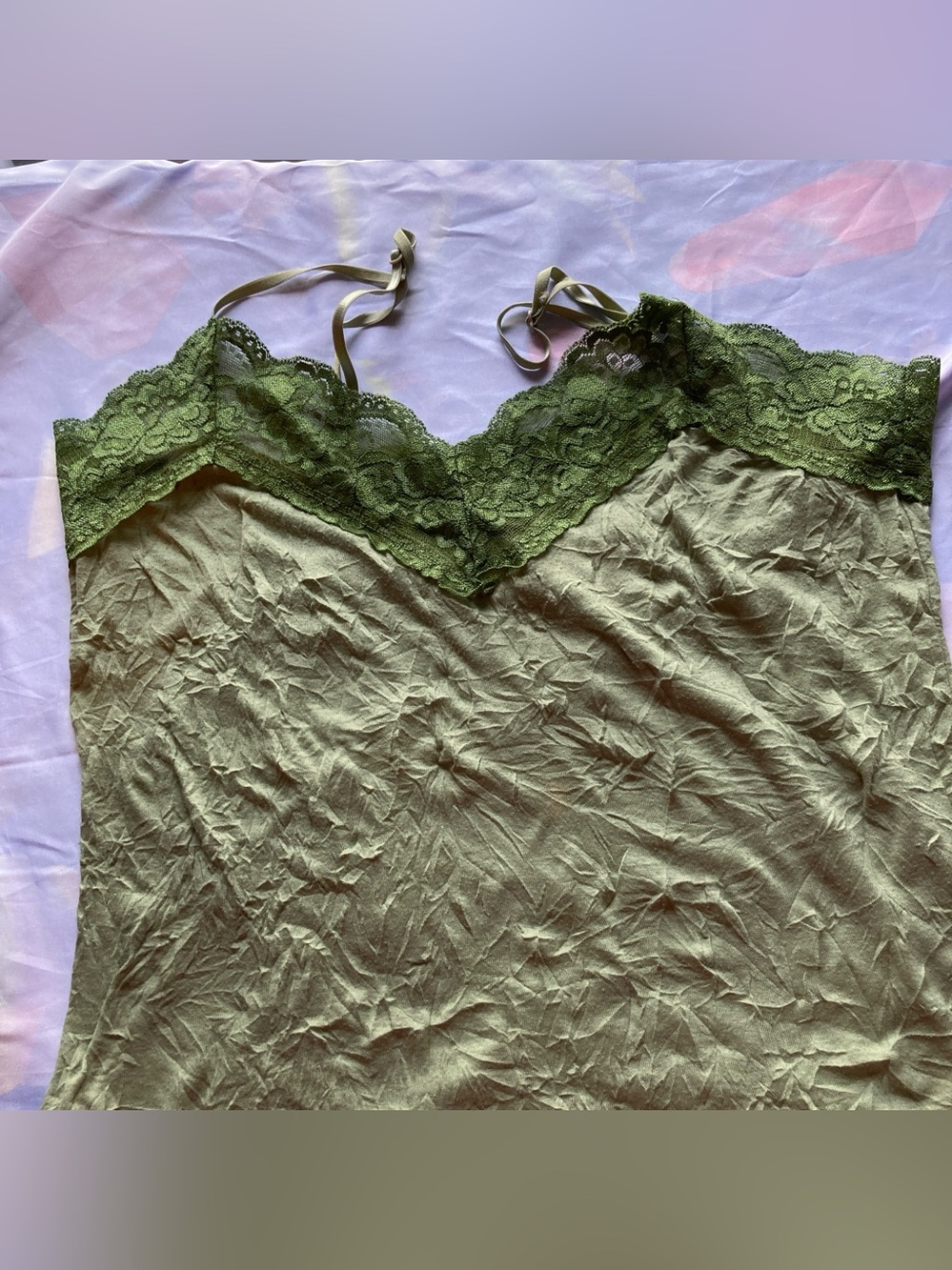 Green Crinkle Lace Trim Fairy Camisole Tank Top with Adjustable Straps | Y2K - Picture 8 of 9